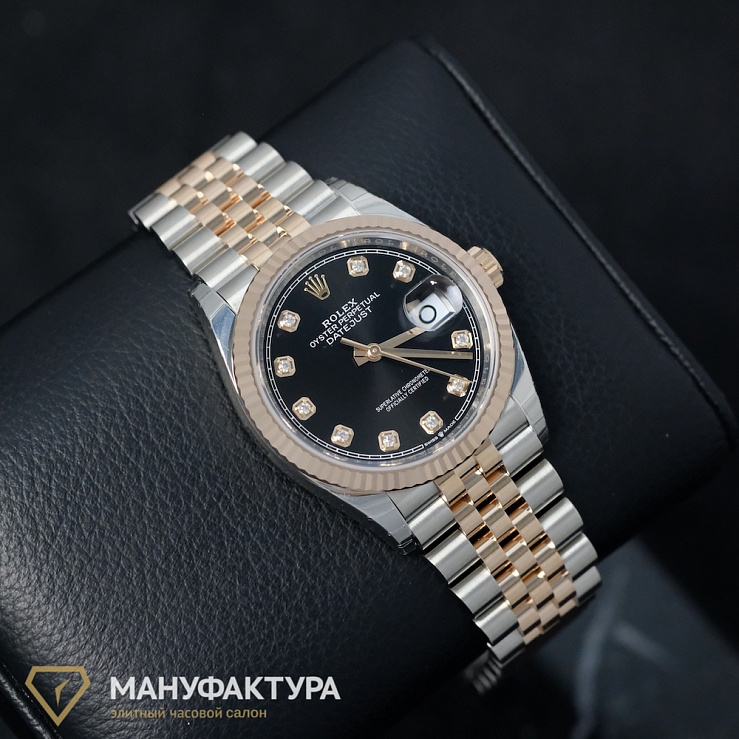 Datejust 36mm Steel and Everose Gold Black Dial Diamonds