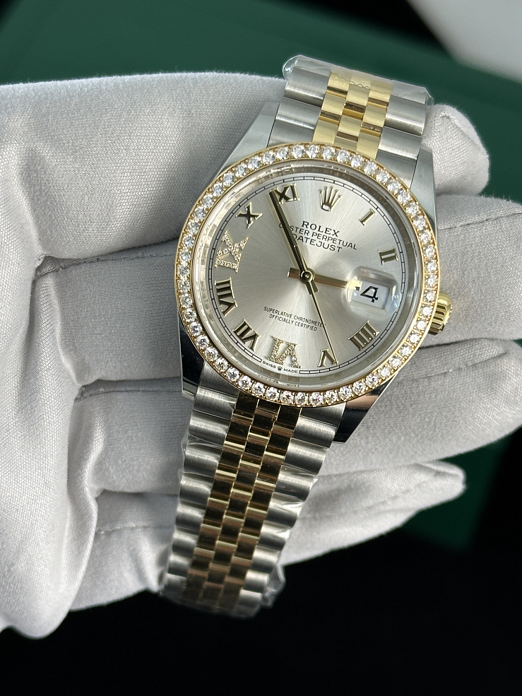Datejust 36mm Diamond Bezel Silver Roman Dial Steel and Yellow Gold