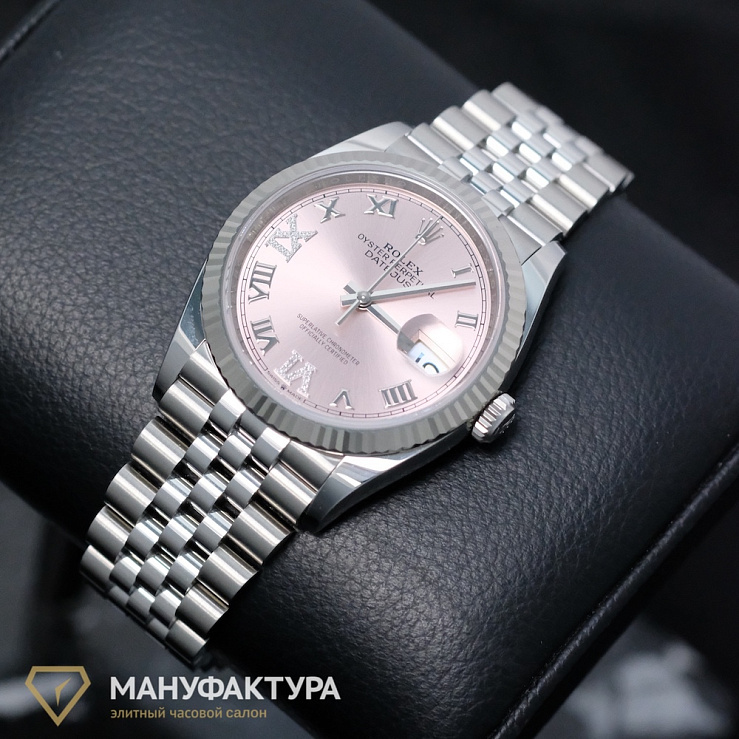 Datejust 36mm Steel & White Gold Pink Dial Diamonds Pave