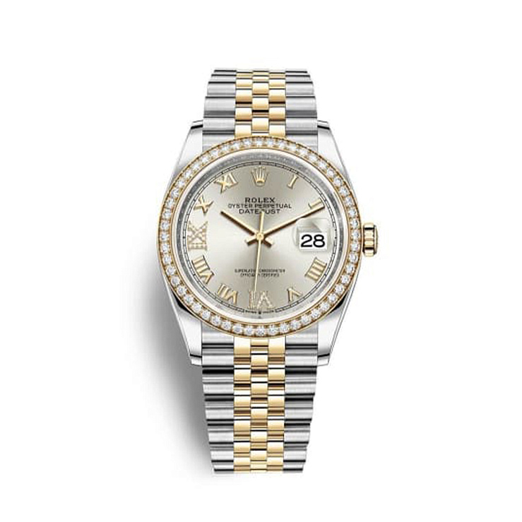 Datejust 36mm Diamond Bezel Silver Roman Dial Steel and Yellow Gold