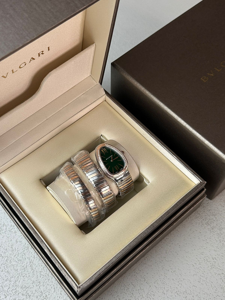 Serpenti Tubogas 35mm Steel & Rose Gold Green Dial Diamonds