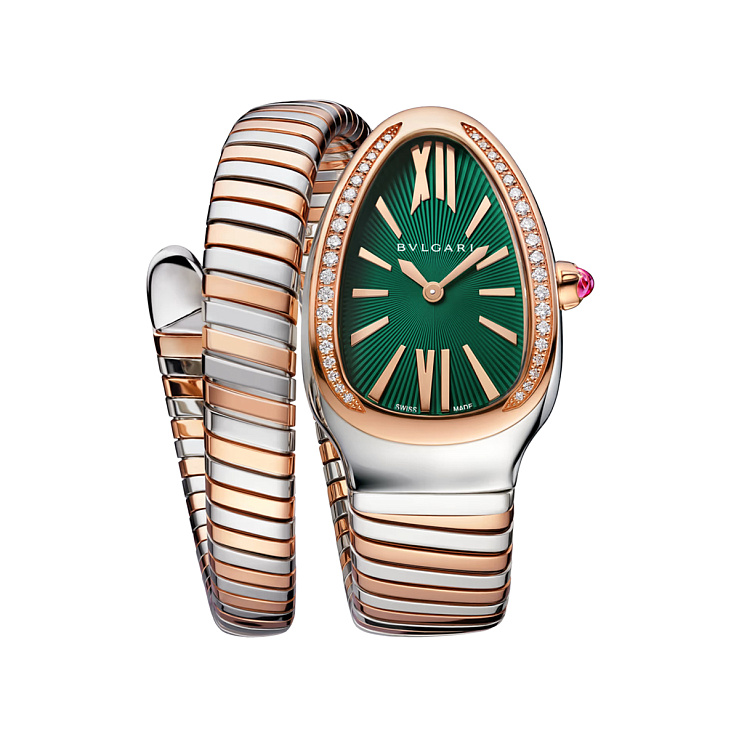 Serpenti Tubogas Steel & Rose Gold Green Dial Diamonds 35mm