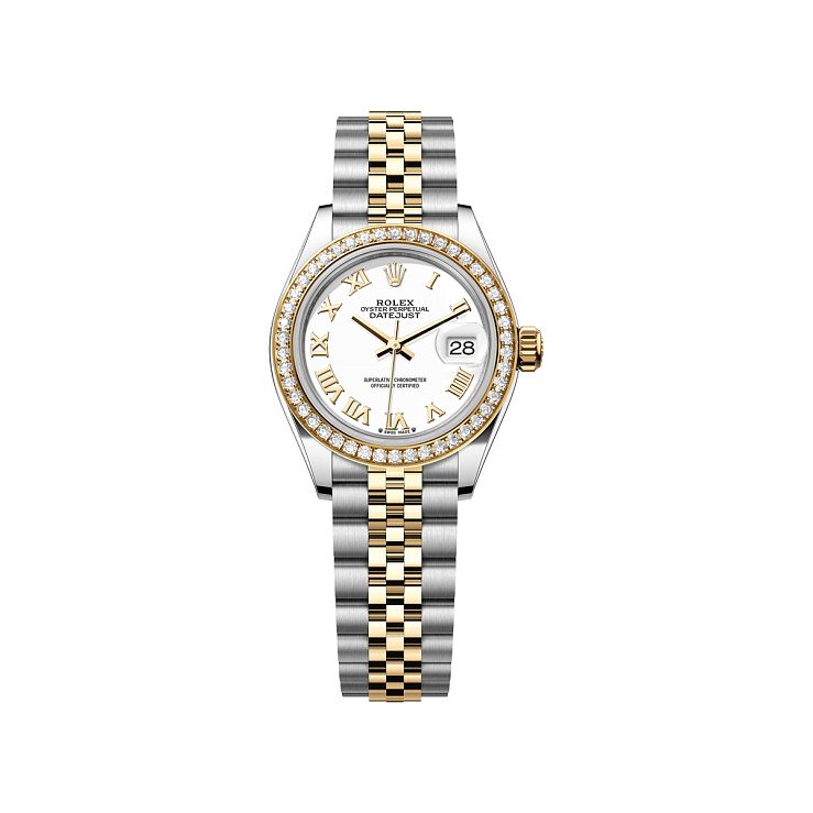 Lady-Datejust 28mm Steel & Yellow Gold White Roman Dial Diamond Bezel Jubilee