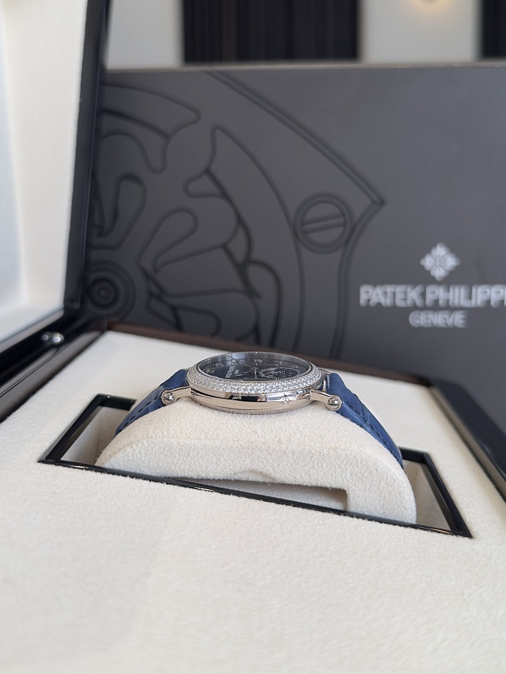 Complications Blue Sunburst Dial Moon Phase Diamond Set Bezel