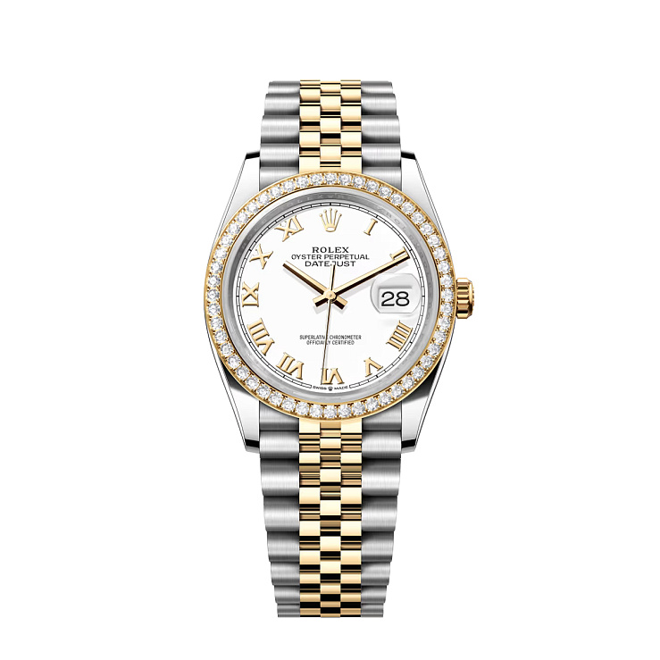 Datejust 36mm Steel & Yellow Gold White Roman Dial Diamond Bezel jubilee