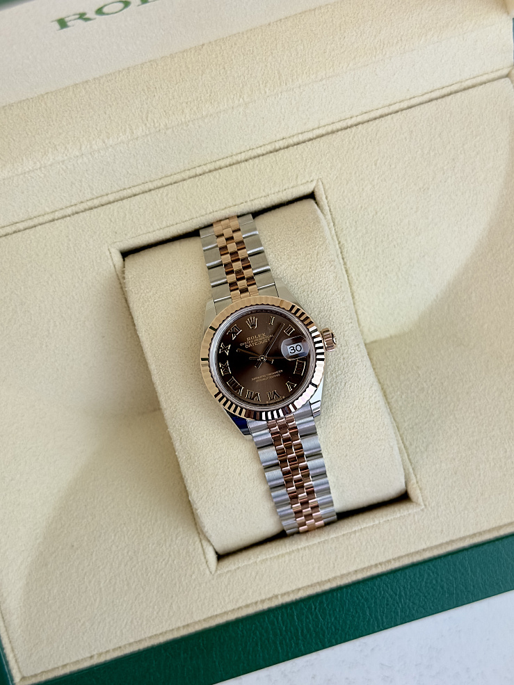 Lady-Datejust 28mm Steel & Rose Gold Chocolate Roman Dial Jubilee Bracelet