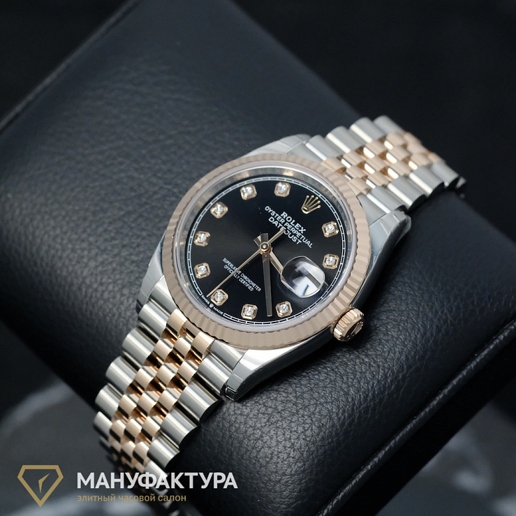 Datejust 36mm Steel and Everose Gold Black Dial Diamonds