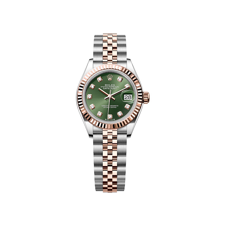 Lady-Datejust 28mm Steel & Rose Gold Olive Green Diamond Dial Jubilee Bracelet