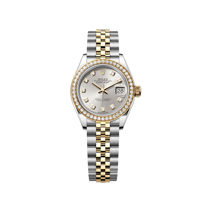 Lady-Datejust 28mm Steel & Yellow Gold Silver Diamonds Dial Diamond Bezel Jubilee