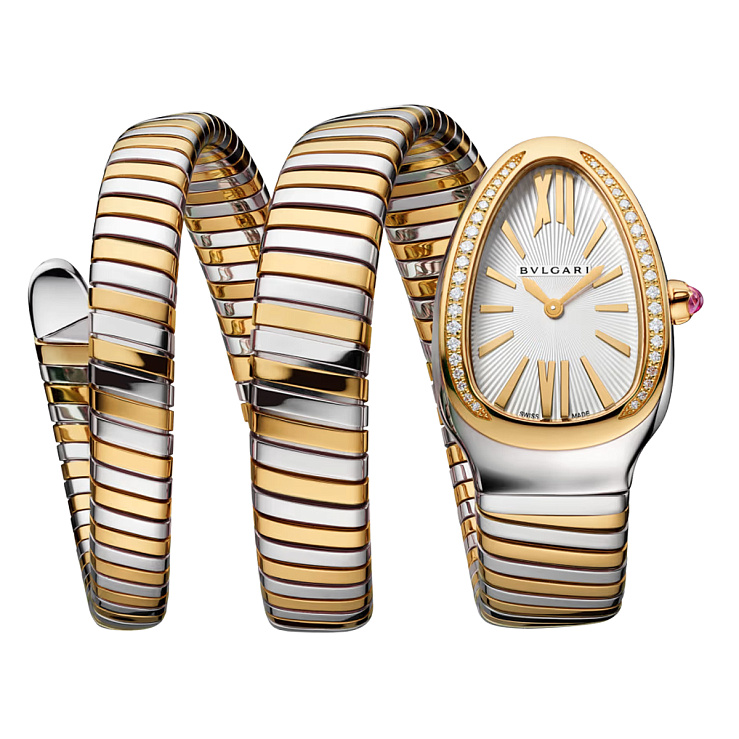 Serpenti Tubogas Steel & yellow gold Silver dial Diamonds