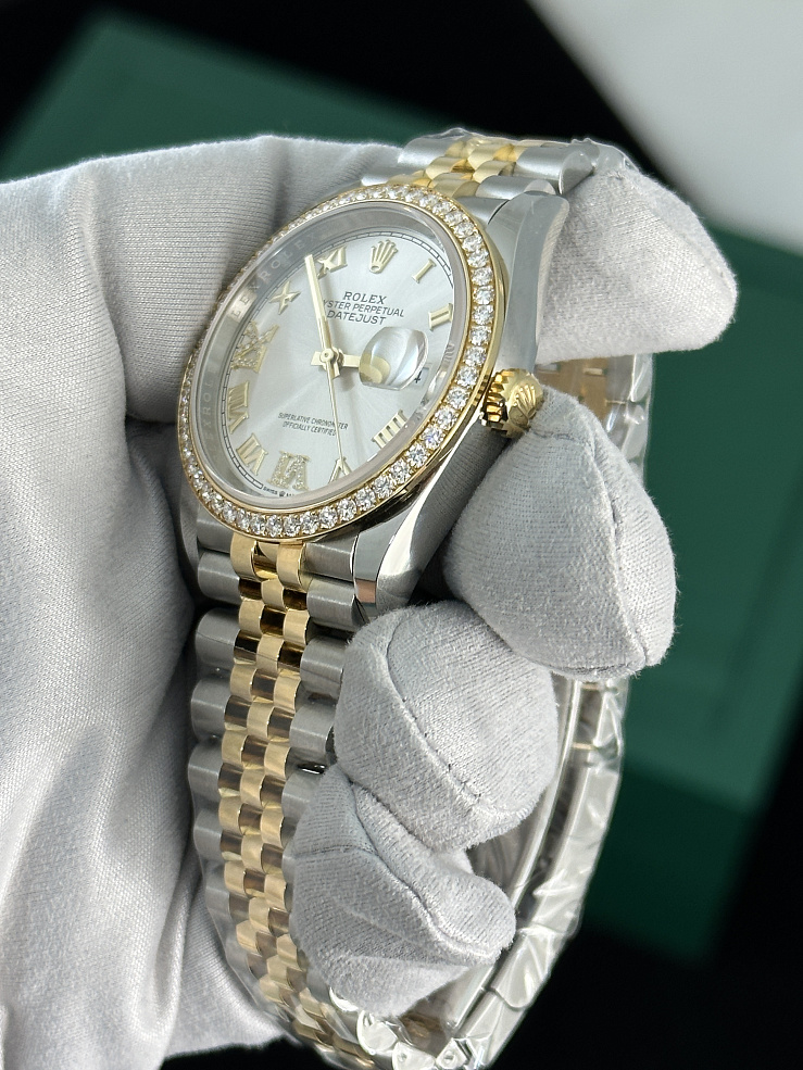 Datejust 36mm Diamond Bezel Silver Roman Dial Steel and Yellow Gold