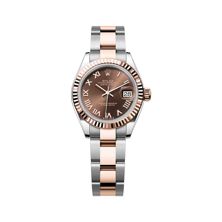 Lady-Datejust 28mm Steel & Rose Gold Chocolate Roman Dial Oyster Bracelet