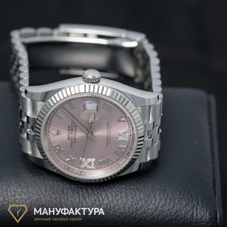 Datejust 36mm Steel & White Gold Pink Dial Diamonds Pave