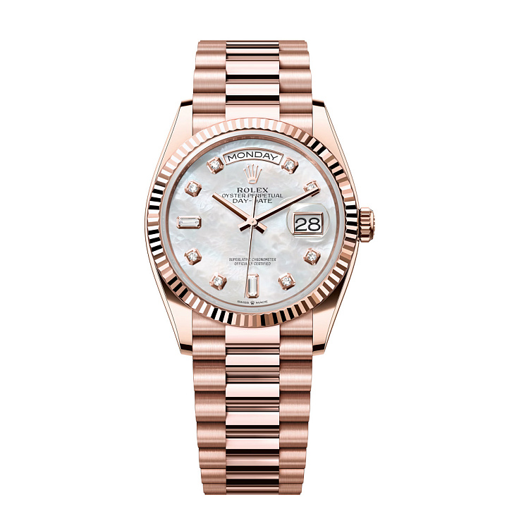 OYSTER PERPETUAL DAY‑DATE 36 EVEROSE GOLD with a white mother-of-pearl diamond-set dial