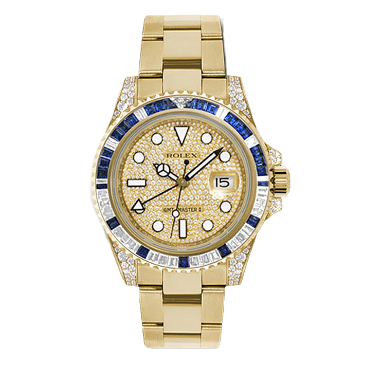 GMT-Master II Yellow Gold Factory Set Diamond and Blue Sapphire Bezel Pave Dial