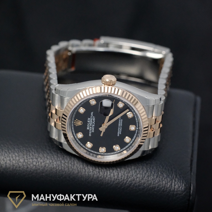 Datejust 36mm Steel and Everose Gold Black Dial Diamonds