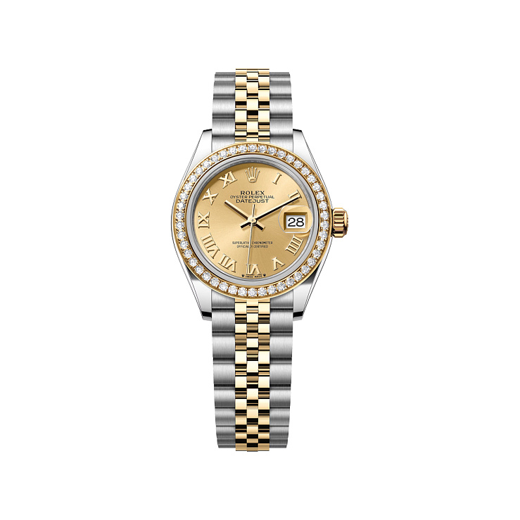Lady-Datejust 28mm Steel & Yellow Gold Champagne Roman Dial Diamond Bezel Jubilee