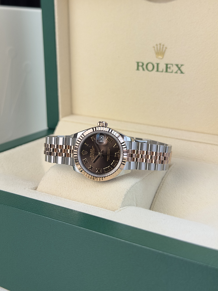 Lady-Datejust 28mm Steel & Rose Gold Chocolate Roman Dial Jubilee Bracelet