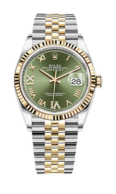 Datejust 36 mm Rolesor Oystersteel and Yellow Gold Green Dial