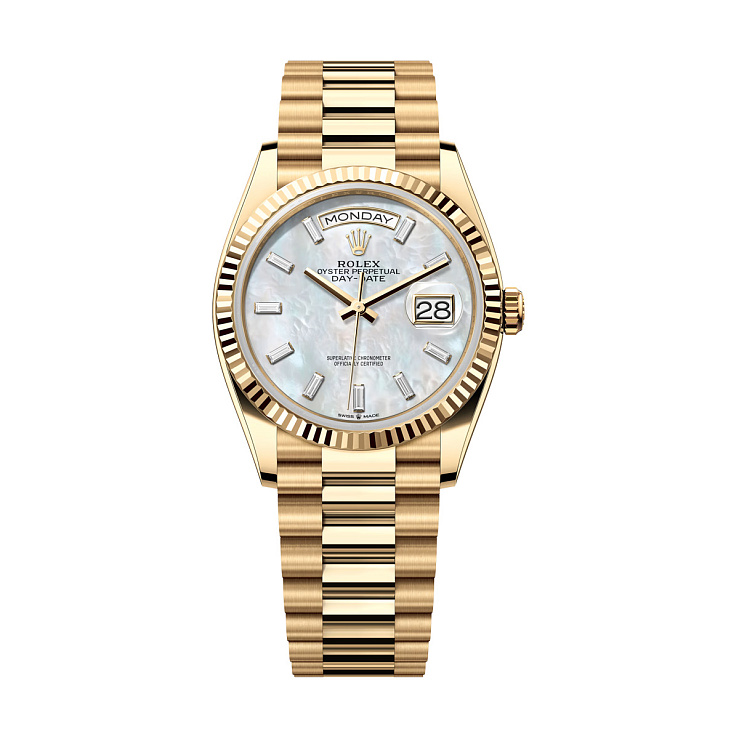 Day-Date 36 mm yellow gold with white mother-of-pearl, diamond-set dial