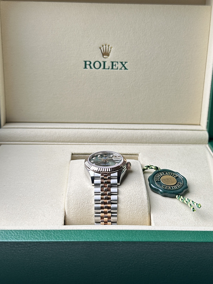 Lady-Datejust 28mm Steel & Rose Gold Olive Green Diamond Dial Jubilee