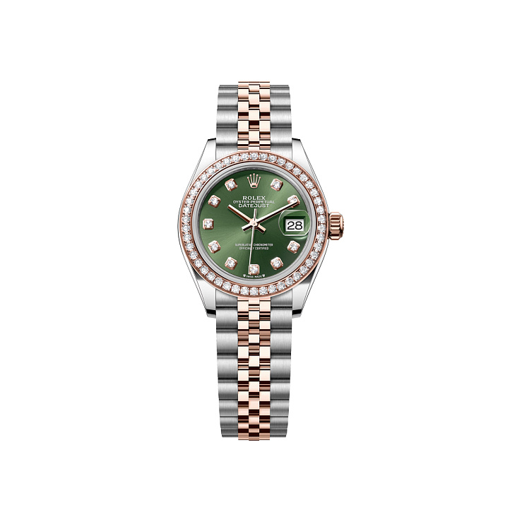 Lady-Datejust 28mm Steel & Rose Gold Olive Green Diamond Dial Diamond Bezel Jubilee
