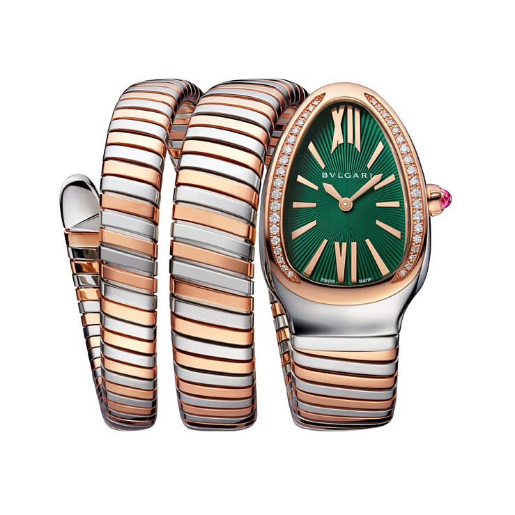 Serpenti Tubogas 35mm Steel & Rose Gold Green Dial Diamonds