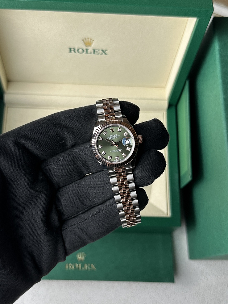 Lady-Datejust 28mm Steel & Rose Gold Olive Green Diamond Dial Jubilee