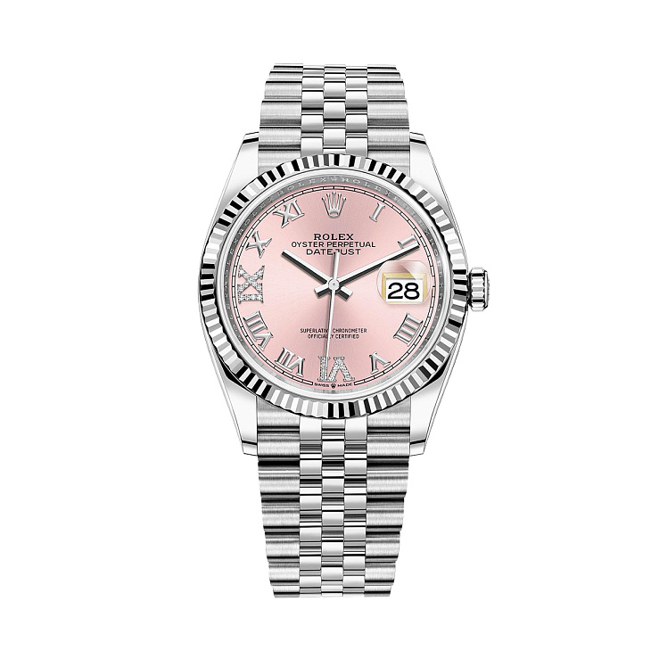 Datejust 36mm Steel & White Gold Pink Dial Diamonds Pave