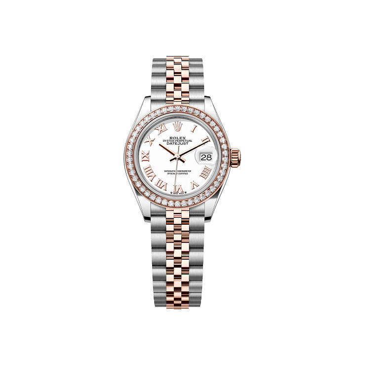 Lady-Datejust 28mm Steel & Rose Gold White Roman Dial Diamond Bezel Jubilee