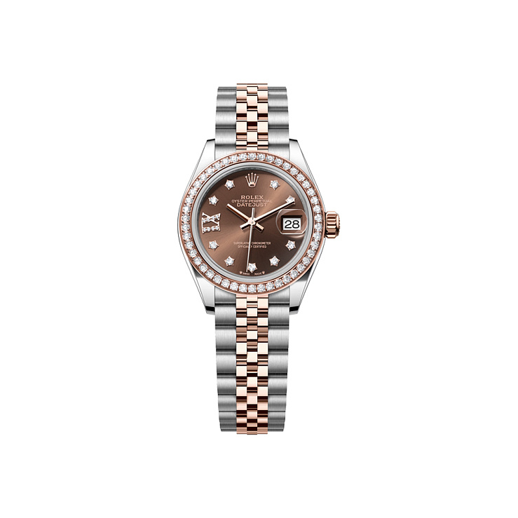 Lady-Datejust 28mm Steel & Rose Gold Brown 17 Diamonds Dial Diamond Bezel Jubilee