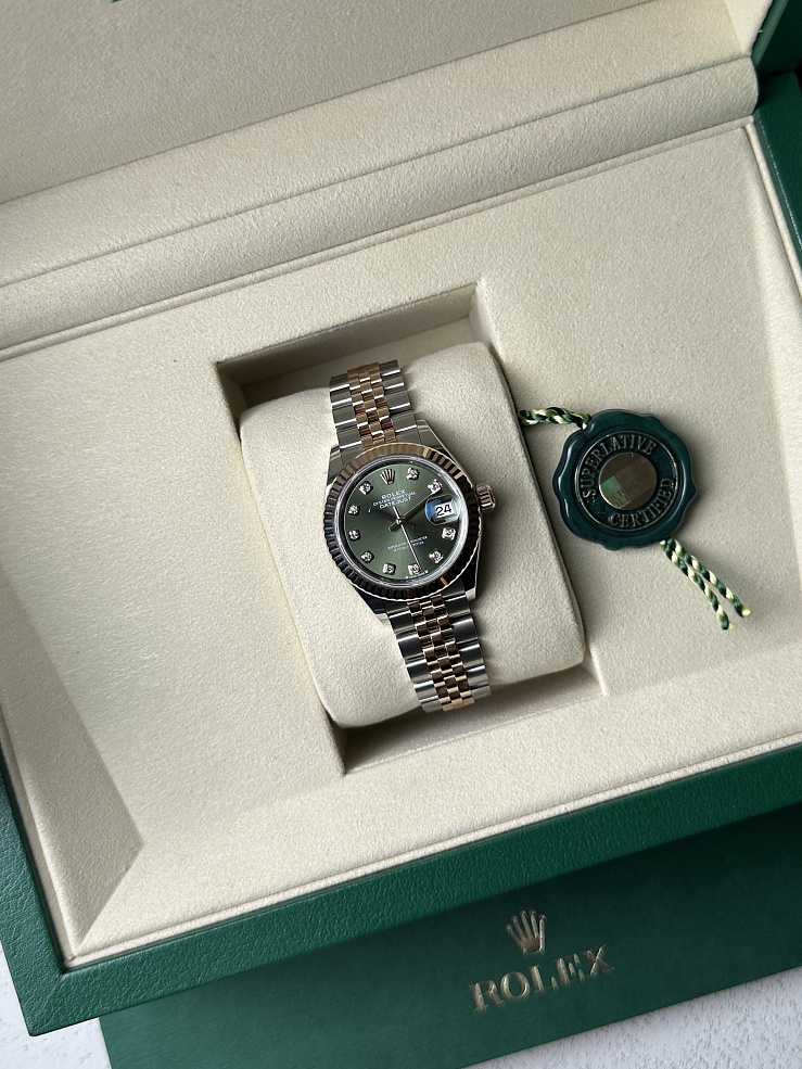 Lady-Datejust 28mm Steel & Rose Gold Olive Green Diamond Dial Jubilee