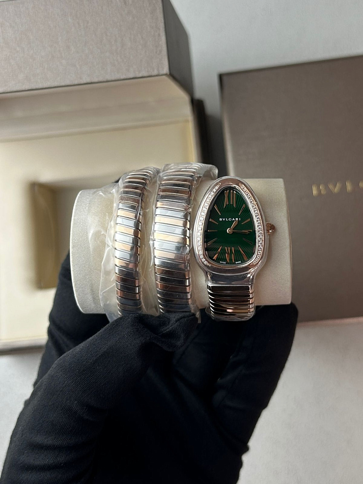 Serpenti Tubogas 35mm Steel & Rose Gold Green Dial Diamonds