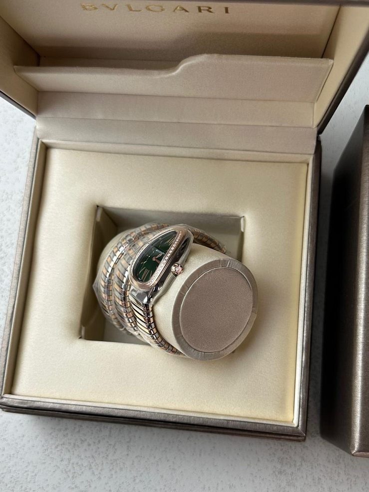 Serpenti Tubogas 35mm Steel & Rose Gold Green Dial Diamonds